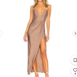 Michael Costello Jake Sheer Mesh Center Gown in Taupe Tan, Size S, Retail $198
